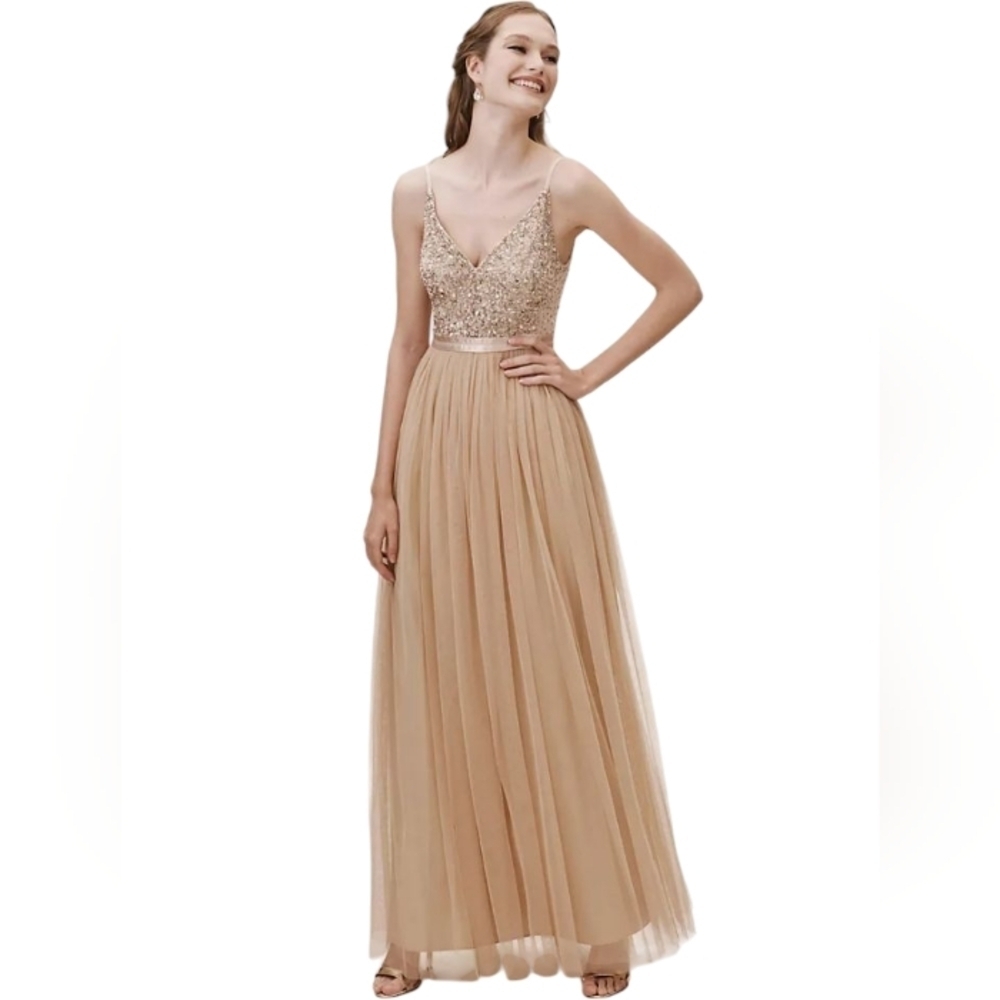 Anthropologie X Beholden Avery Nude Beaded Bodice Tulle Maxi Gown Size 8